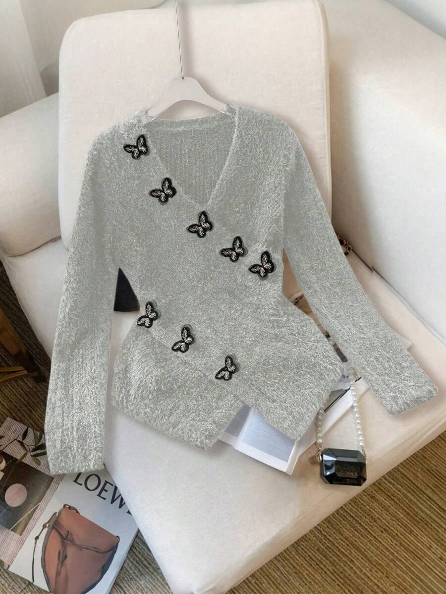 SHEIN Clasi 女士V领蝴蝶贴花裹身优雅长袖套头毛衣针织衫秋冬款 - 淺灰色 - 查看 1