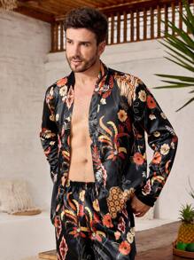 Manfinity ChillVibe Conjunto de pijama con blusa de manga larga y pantalones con botones delanteros y estampado floral