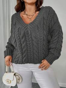 Celure Plus Size Dames Casual V-hals Kabel Gebreide Losse Trui, Geschikt Voor Herfst/Winter