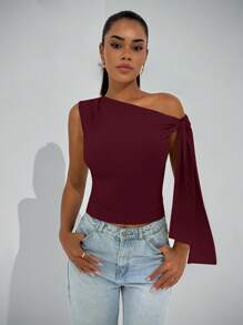 SHEIN BAE 女式不对称领斜肩带上衣，优雅日间约会外出休闲俱乐部派对装，秋季 - 酒紅色 - 查看 4