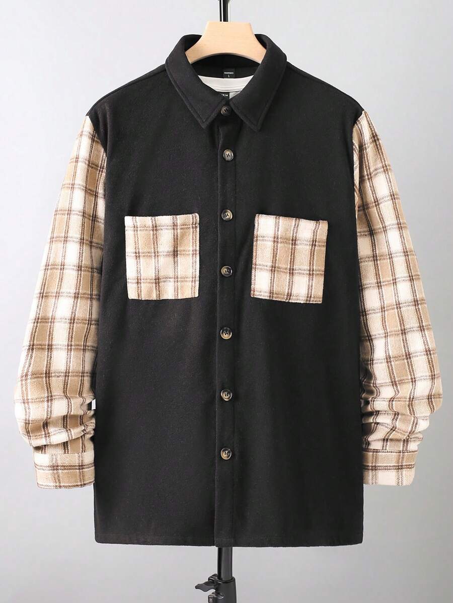 Manfinity Homme Men's Plaid Patchwork Long Sleeve Shirt Jacket For Autumn - Khaki - View 1