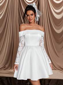 SHEIN Belle Elegancka luksusowa sukienka z odkrytymi ramionami, przezroczysta siateczka, długi rękaw, koronka i satyna, rozkloszowana, odpowiednia na wesele, wieczór panieński, święta, bal, bankiet, prezent dla panny młodej, sukienkę na wieczór panieński