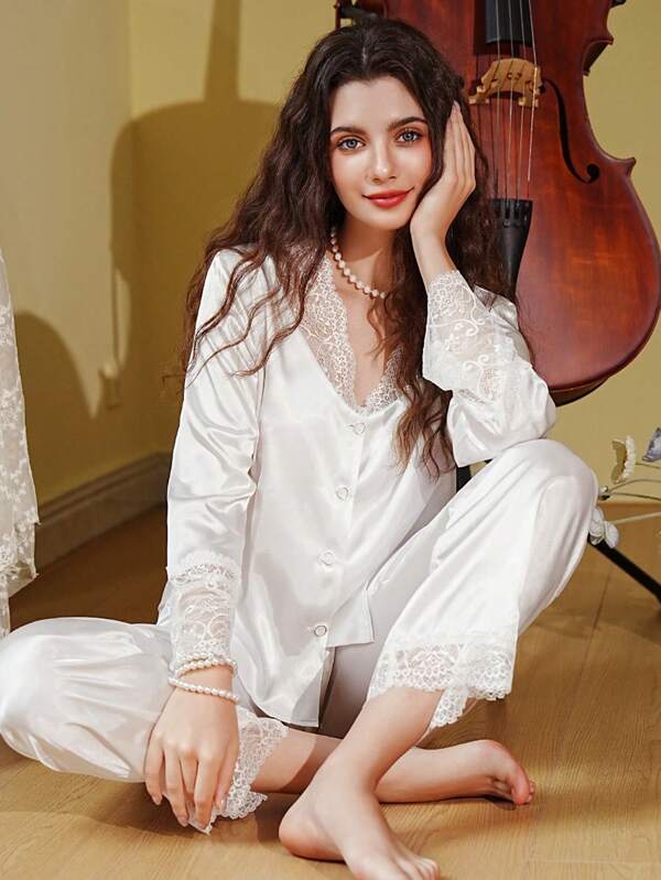 Côtesoire Conjunto de pijama de mujer con pantalones, cuello en V con encaje y manga larga, color blanco, para la temporada festiva, ropa de otoño