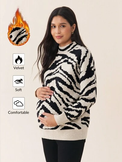 SHEIN 孕妇豹纹长袖针织毛衣秋冬季保暖针织毛衣