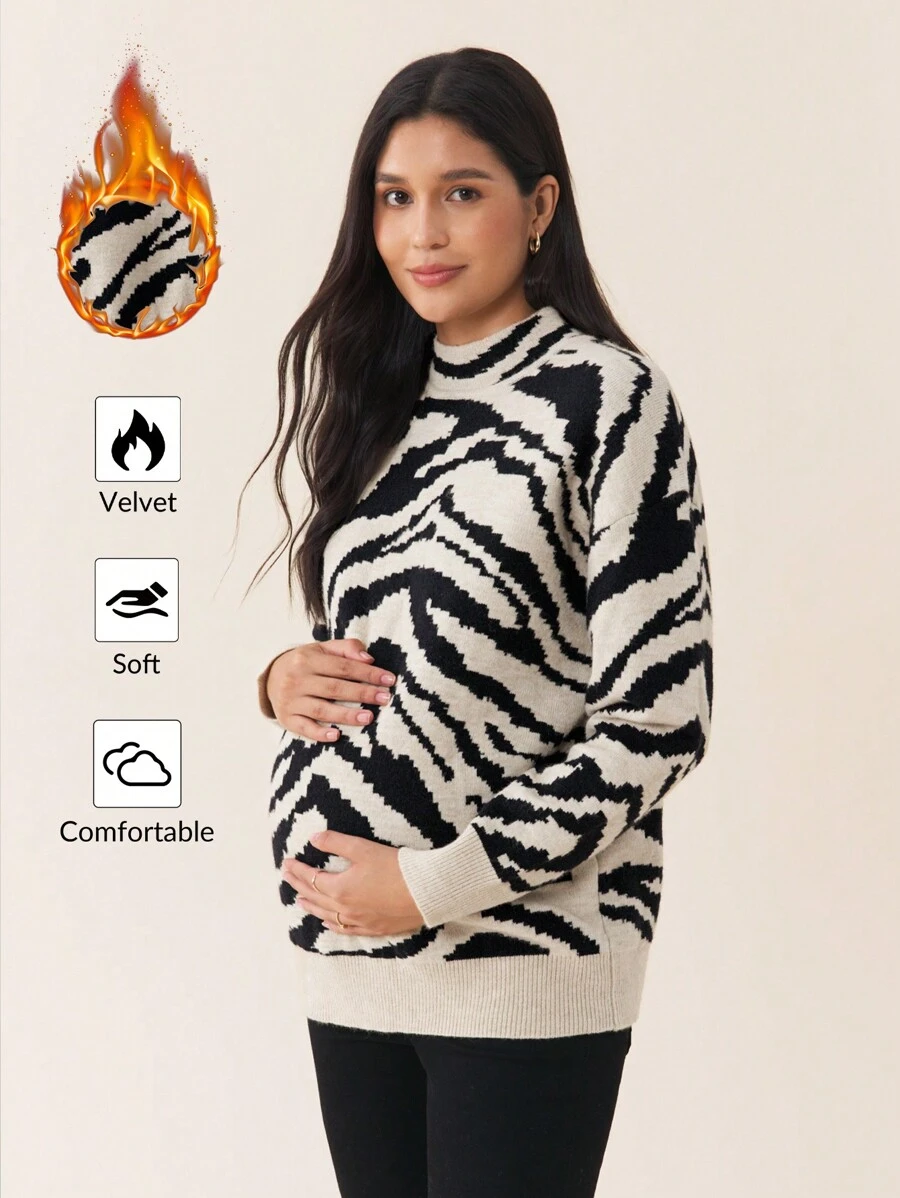 SHEIN 孕妇豹纹长袖针织毛衣秋冬季保暖针织毛衣 - 杏色 - 查看 1