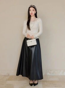 EastFlair 女士花朵与网眼撞色长袖上衣，秋冬款 - 杏色 - 查看 3