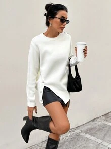 EURMUSE 1 件女士休闲日常侧扣不对称下摆毛衣，秋冬 - 杏色 - 查看 3