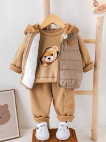 3 pezzi/set neonato/bambina cachi modello cartone animato scollo rotondo felpa, elastico in vita pantaloni spessi, gilet in pile giacca 3 pezzi vestito, adatto per autunno e inverno all'aperto, sci - Multicolore - Visualizzare 15