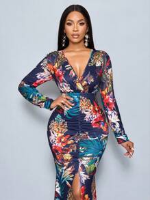 SOLERSUN Random Floral Print Ruched Split Thigh Dress Maxi Women Outfit Fall Cloth For Women - Multicolor - View 6