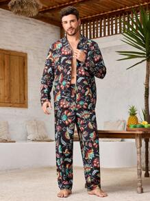 Manfinity ChillVibe 1 Set Men Floral Print Grandad Collar Single Breasted Long Sleeve Top And Pants Pajama Set - Mint Green - View 4