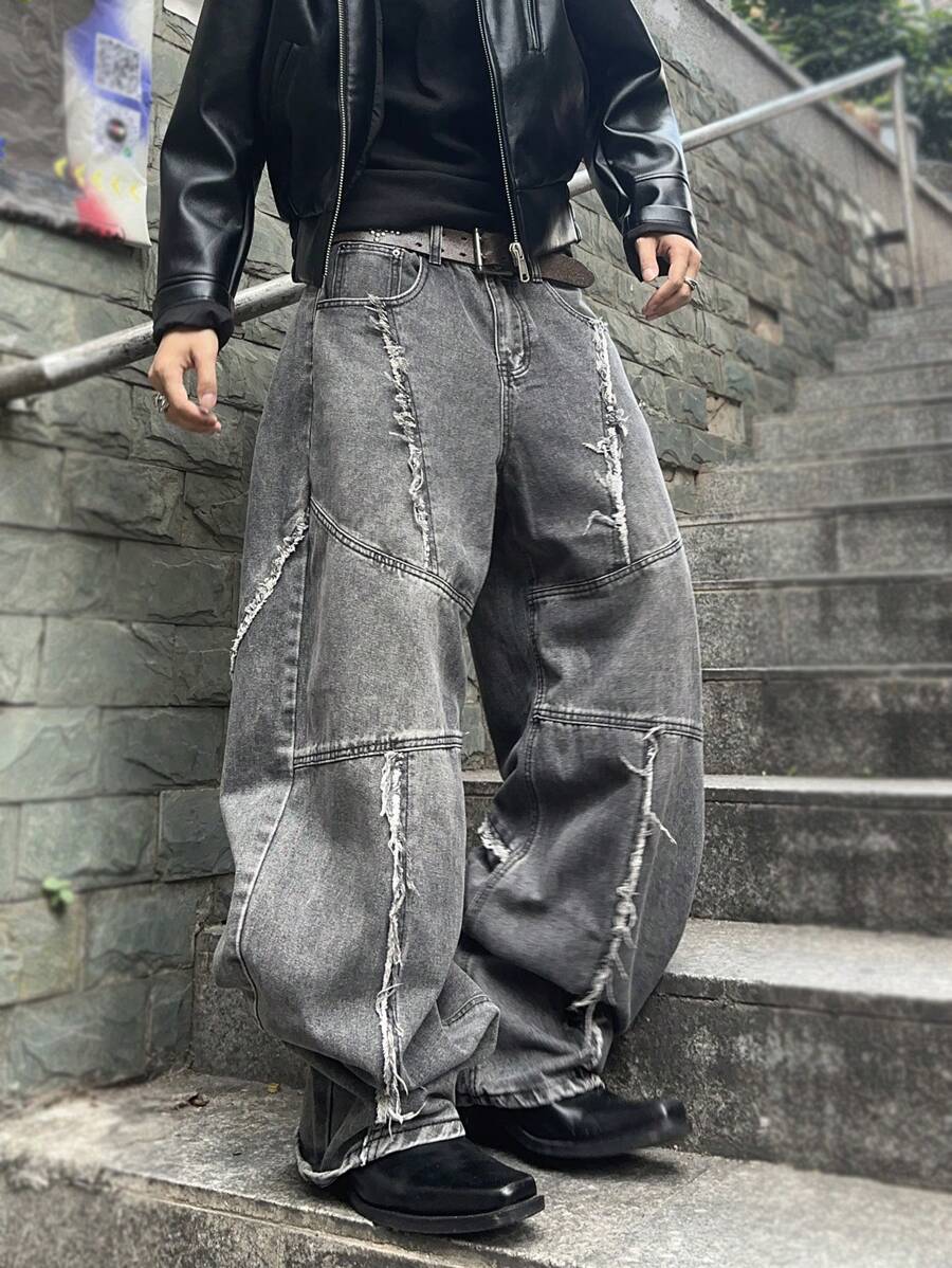 Manfinity EMRG 男士休闲水洗磨边下摆斜口袋宽松牛仔裤，纯色宽牛仔裤长款宽松酸洗工装牛仔裤，适合送给老公、男朋友的礼物 - 淺灰色 - 查看 1