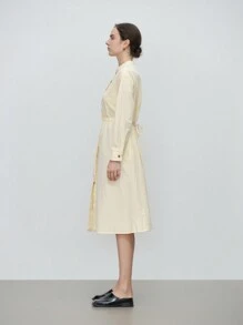 SHEIN LUNE Women's Elegant & Stylish Office/Casual Comfortable Long Sleeve Round Neck Front Open Cinched Waist Back Solid Color Shirt Dress Fall Cloth For Women - Beige - View 3