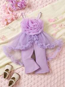 SHEIN Baby Girls 3D Floral Mesh Ruffle Jumpsuit Elegant Casual Cute Outfit, Autumn/Winter