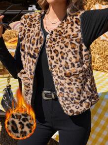 SHEIN VCAY Women's Open Front Pocketed Casual Leopard Print Cardigan Coat, Autumn/Winter,Back To School For Daily Wear,Fall Outfits,Commute,Minimalist,Office,Old Money,Simple,Teacher Clothes,Halloween Women Costumes,Thanksgiving Women Outfit,Fuzzy Leopard Print Cardigan Coat,Fleece Coat,Cow Print Vest