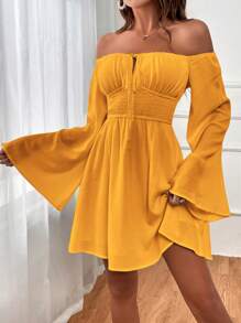 SHEIN VCAY Romantic Off Shoulder Flounce Sleeve Waist Dress - Yellow - View 5