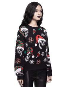 ROMWE Goth Dark Skull & Christmas Wreath All-Over Print Pullover Sweater - Multicolor - View 6