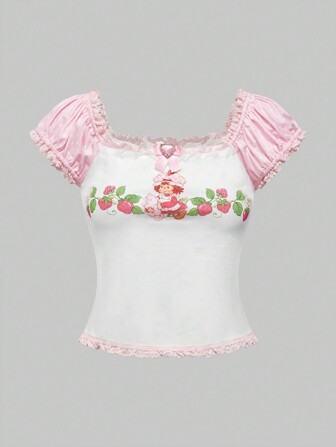 Cute Strawberry And Cartoon Figure Graphic Puff Short Sleeve T-Shirt
