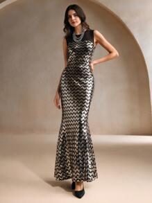 Anewsta Elegant Wave Pattern Beaded Women Long Dress, Spring/Autumn For Holiday Party Clothes Maxi Sequin Women Outfit