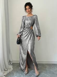 Elenzga 女士圆领金属色侧镂空开摆灯笼袖优雅长裙超长款女装