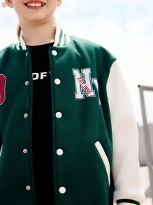 SHEIN Sweat-shirt en polaire confortable et chaud pour les adolescentes, design blocs de couleurs avec imprimé lettre, blouson de baseball, sweat-shirt sportif et mode universitaire - Militaire verte - Voir 5