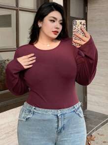 Dazy Plus Plus Size Solid Color Crew Neck Fitted Thermal Lined Long Sleeve T-Shirt Fall,Winter - Burgundy - View 9