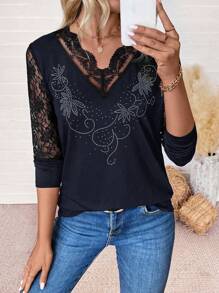 SHEIN Clasi 女式 V 领长袖黑色蕾丝边 T 恤，带水钻装饰，适合秋季 - 藏蓝色 - 查看 6