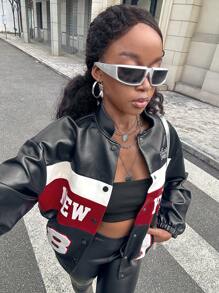 SHEIN Leap Crew Áo khoác da in chữ màu đen trắng đỏ cho bé gái tuổi teen phong cách đường phố giản dị thời trang đa năng - Nhiều màu - Xem 4