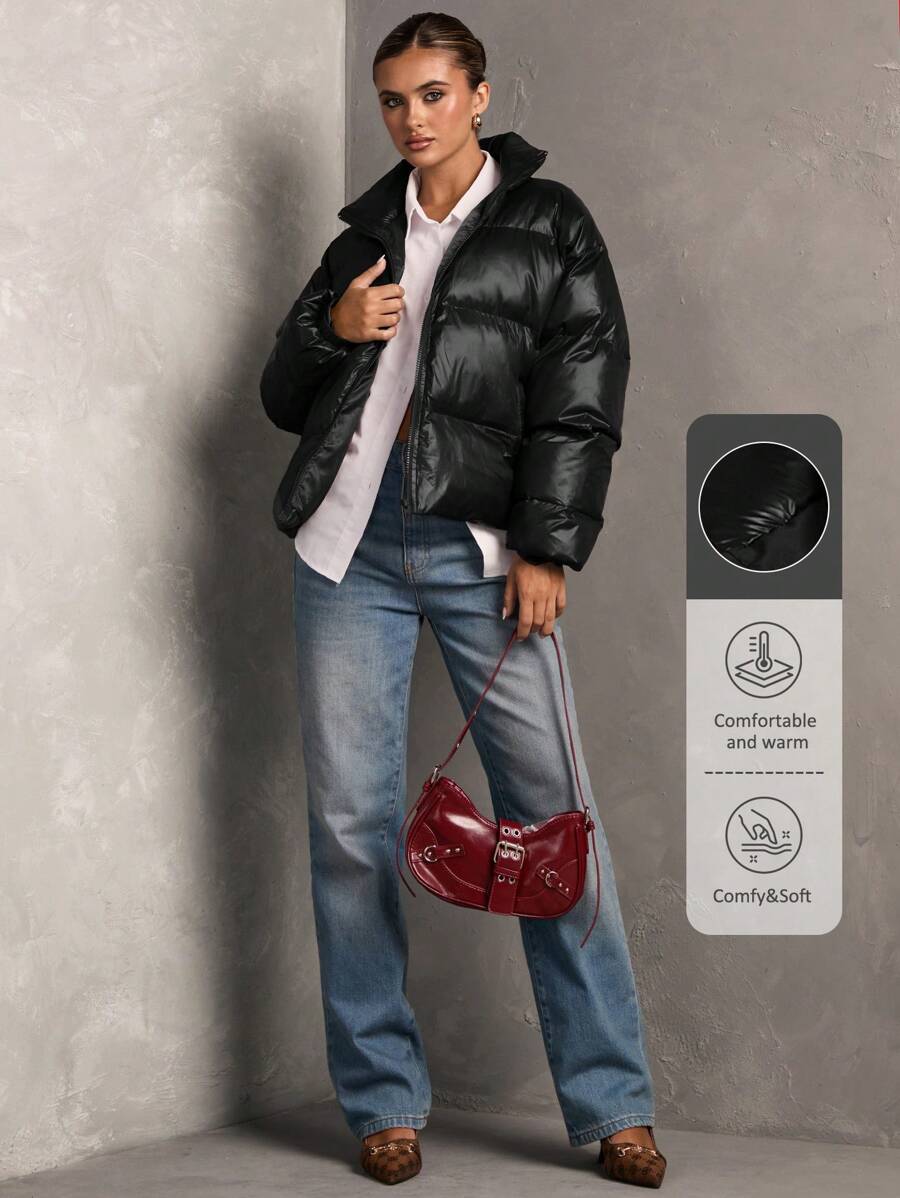 SHEIN BAE 女士纯色长袖拉链领休闲宽松冬季夹克 - 黑色 - 查看 1