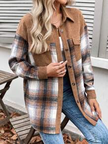 SHEIN LUNE Áo khoác ngoài thanh lịch, cổ bẻ, vải kẻ caro cổ điển, viền bất đối xứng, cài nút phía trước, mặc đi làm thường ngày, dành cho nữ, mùa thu/đông - Nhiều màu - Xem 3