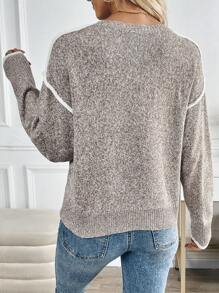 SHEIN LUNE Áo len chui đầu cổ tròn tay dài sọc trắng rộng rãi thoải mái mới cho nữ - Màu Khaki - Xem 2