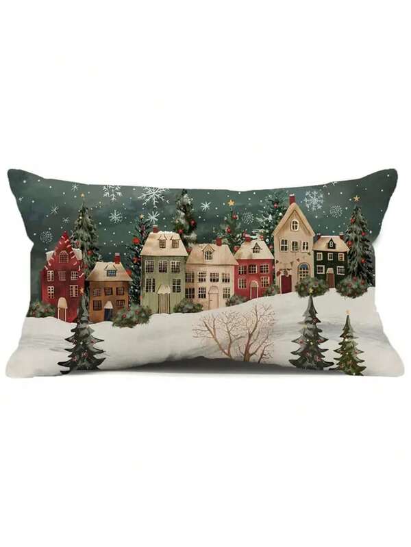 Christmas Vintage Snowflake & Wonderland Forest House Decorative Pillow Cover - Christmas Farmhouse Style, Zippered Polyester Cushion Case For Home & Outdoor Use, Machine Washable, For Holiday (Pillow Insert Not Included)