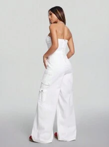SHEIN ICON 女士白色牛仔連身褲無肩帶工作服寬腿褲街頭服裝 - 白色 - 查看 2