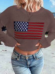 SHEIN LUNE Women USA Flag Pattern Crew Neck Drop Shoulder Long Sleeve Casual Sweater, Autumn Knit Pullover Fall Winter - Multicolor - View 4