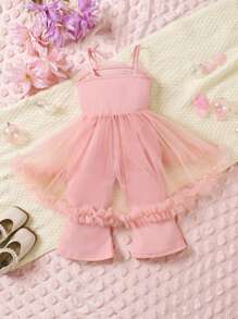 SHEIN 女婴 3D 花卉荷叶边优雅时尚休闲连体裤，玫瑰红色，秋冬