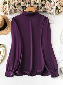 SHEIN LUNE Women Fashion Simple Solid Color Polo Collar Single-Breasted Cardigan, Elegant Commuting All-Match Lantern Long Sleeve Shirt In Purple