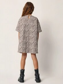 SUMWON Sukienka z nadrukiem w panterkę dla dziewcząt w stylu tween, z luźnym wzorem twill