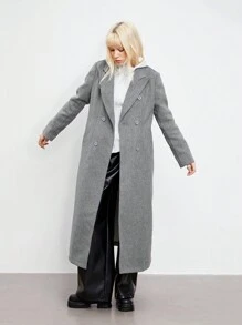 TRNVIE 1 件女士简约翻领双排扣灰色长款大衣，休闲百搭风格，适合秋冬季 - 灰色 - 查看 3