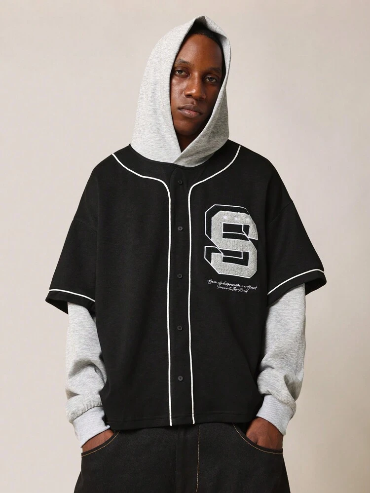 Baseball Style Layered Long Sleeve Jersey Hoodie