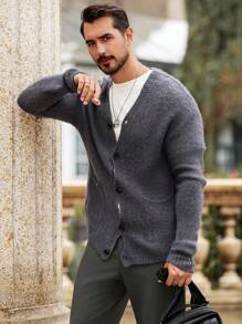 Manfinity Homme Cárdigan informal de un solo pecho con mangas largas y hombros caídos de color liso para hombre, otoño/invierno