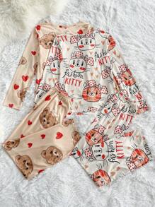 2pcs/Set Cartoon Print Crew Neck Long Sleeve Pajama Set - Multicolor - View 2