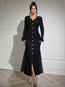 Modelyn 1 chiếc váy dài voan cho nữ có viền đuôi cá và nút trang trí phía trước, thiết kế thanh lịch cho trang phục maxi dành cho nữ, váy dạ hội dài, vải mùa thu cho nữ - màu đen - Xem 7