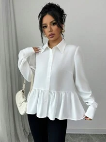 Elenzga Shirt Collar Bowknot Decor Long Sleeve Blouse - White - View 5