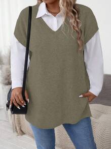 大码女式 V 领宽松休闲套头毛衣，秋冬