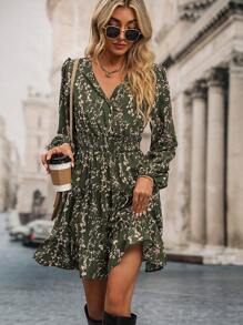 SHEIN Clasi 女式满版碎花灯笼袖抽绳腰部休闲荷叶边下摆连衣裙