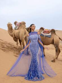 Faeriesty Đầm dạ hội và đầm dự tiệc cưới sang trọng, tay dài đính đá lấp lánh, đính cườm và kim sa. - Xanh đậm - Xem 4