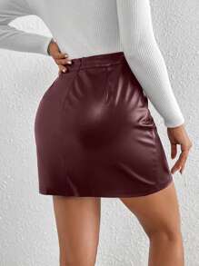 SHEIN Frenchy Split Hem PU Bodycon Mini Black Skirt,New Years Women Outfit,Valentine's Day