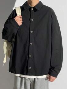 SHEIN TeenBoys 1 件休闲百搭时尚背部动漫印花图案工作纽扣休闲夹克外套返校；秋季服装；青少年男孩服装；秋季外套；秋季秋冬