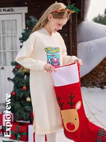 1 pezzo Abito lungo con cappuccio e maniche lunghe, con motivo natalizio e orlo con nappe, adatto per uso all''aperto o in vacanza - Albicocca - Visualizzare 3