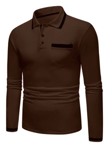 Manfinity Homme Casual Men's Contrasting Trim Polo Shirt, Autumn - Coffee Brown - View 4
