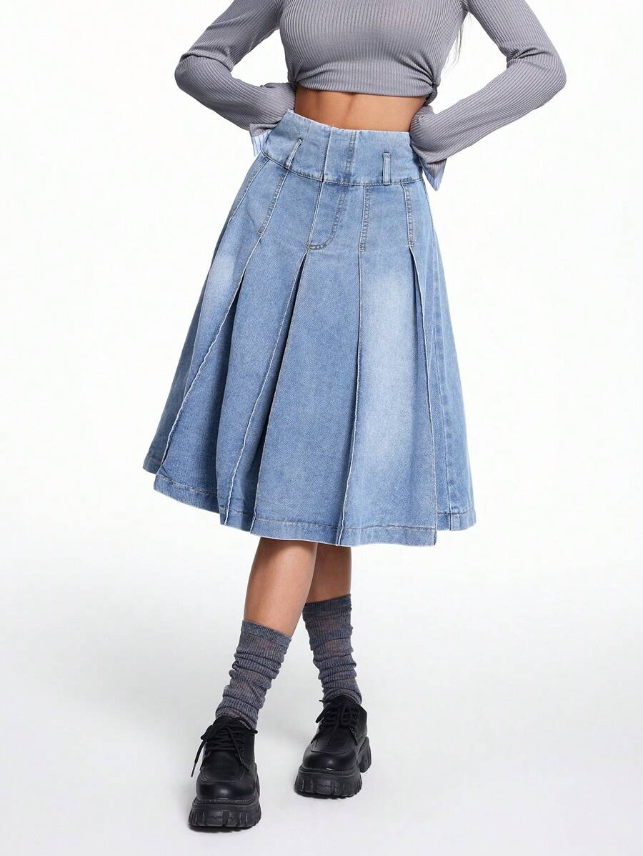 SHEIN ICON 女士牛仔 A 字褶裙，蓝色 - 藍色 - 查看 1